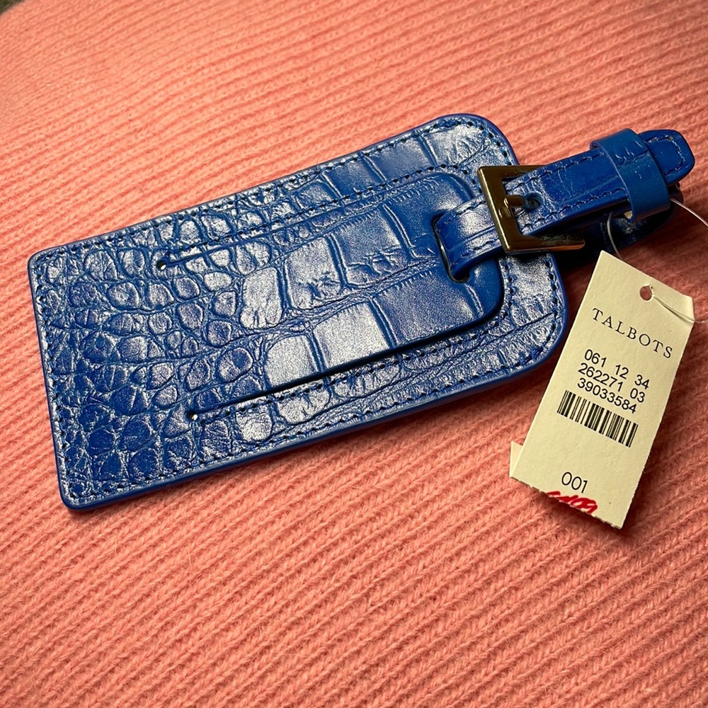 blue leather luggage tag